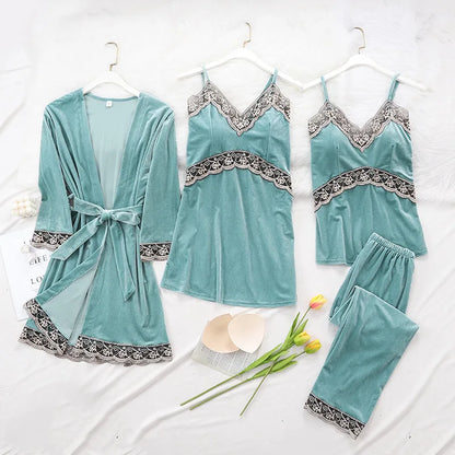 Women's Pajama Set 4Pcs Velvet Sleepwear Robe Gowns Nightwear V-Neck Sexy Pijamas Ladies Home Suit Nightgown Bride Bathrobe Gown