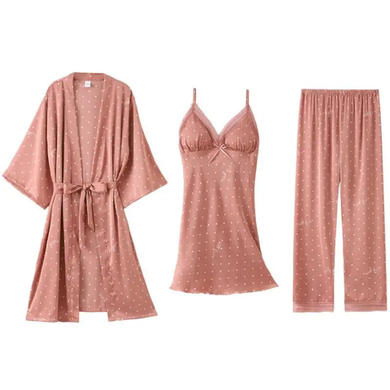 Pajamas Suit Women Sexy Pyjamas Print Polka Dot Sleepwear Loose Nightwear Satin Intimate Lingerie Casual Shirt&Pants Sets