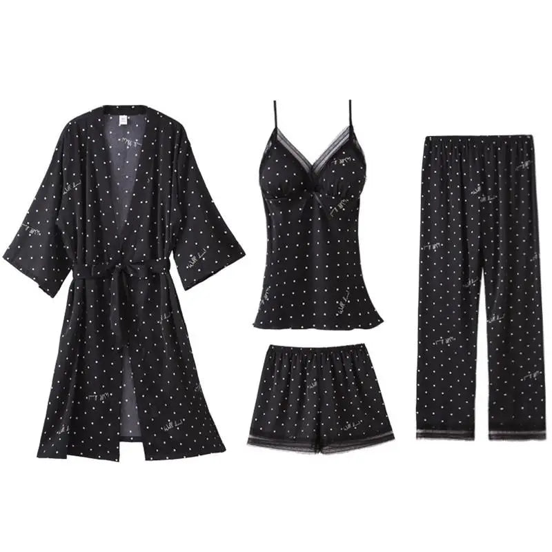 Pajamas Suit Women Sexy Pyjamas Print Polka Dot Sleepwear Loose Nightwear Satin Intimate Lingerie Casual Shirt&Pants Sets