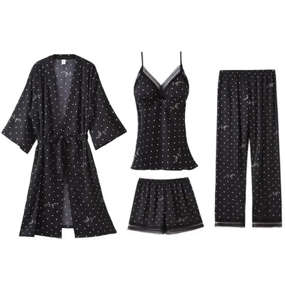 Pajamas Suit Women Sexy Pyjamas Print Polka Dot Sleepwear Loose Nightwear Satin Intimate Lingerie Casual Shirt&Pants Sets