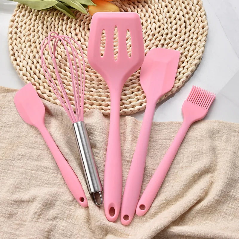 5Pcs Silicone Cooking Utensils Set Non-Stick Silicone Cake Spatula Cooking Shovel Whisk Oil Brush Flexible Kitchen Utensils Sets