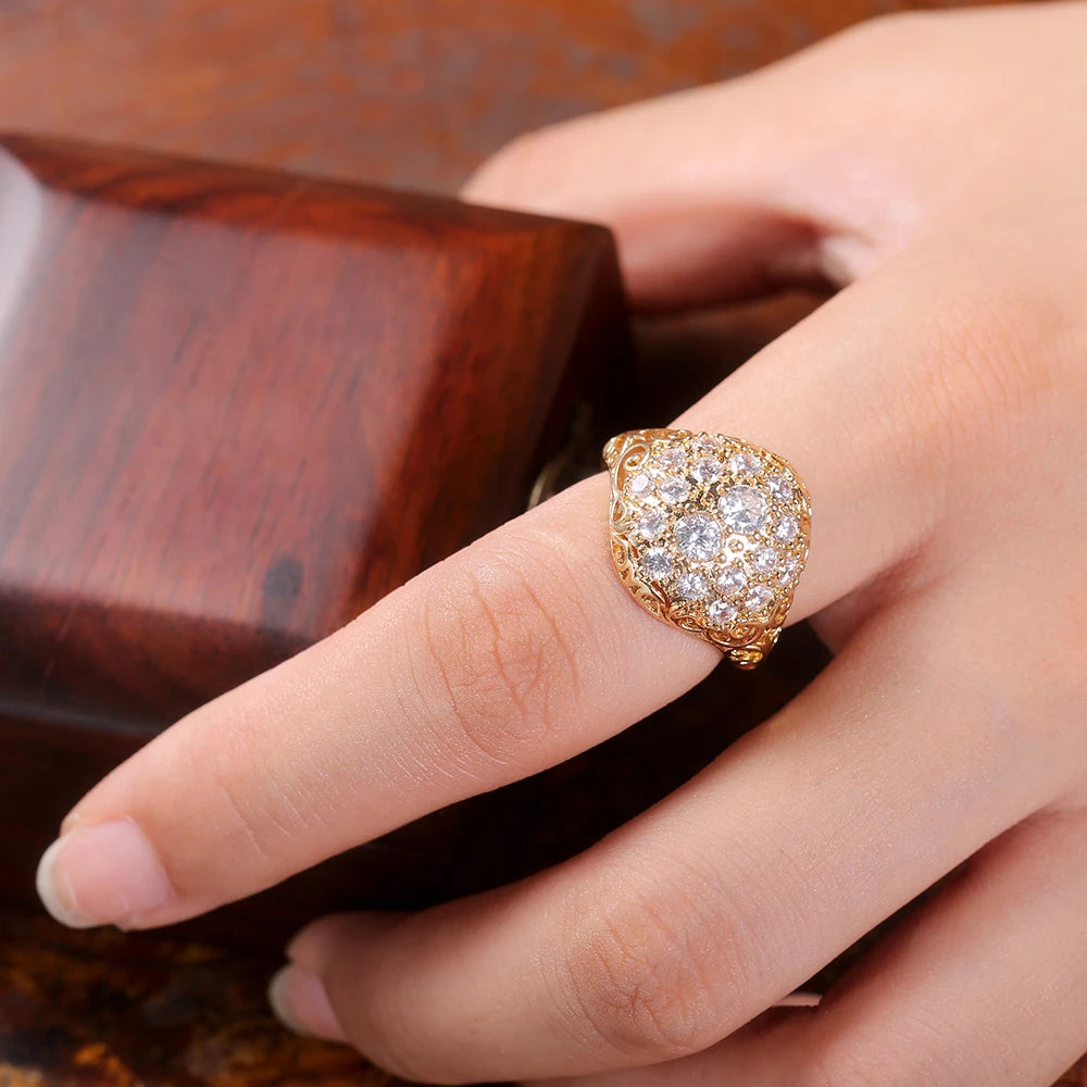 Huitan Gorgeous Gold Color Bridal Wedding Rings Full Cubic Zirconia Brilliant Lady Party Accessories High-quality Women Jewelry