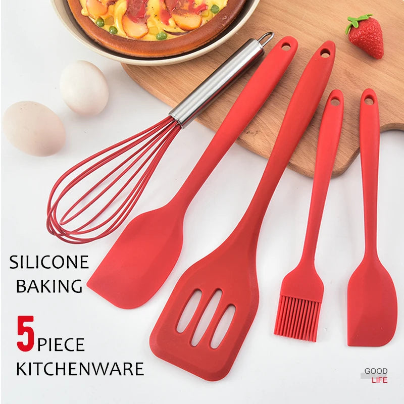 5Pcs Silicone Cooking Utensils Set Non-Stick Silicone Cake Spatula Cooking Shovel Whisk Oil Brush Flexible Kitchen Utensils Sets