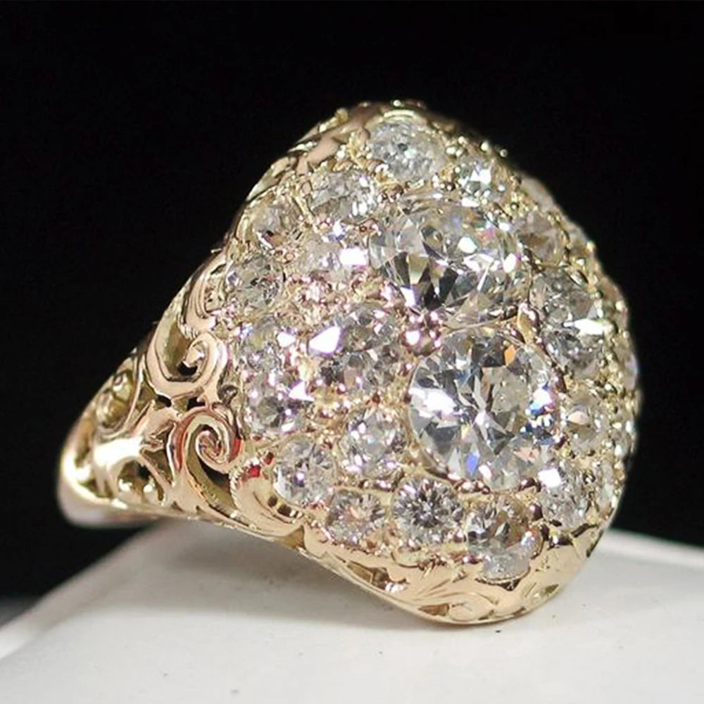 Huitan Gorgeous Gold Color Bridal Wedding Rings Full Cubic Zirconia Brilliant Lady Party Accessories High-quality Women Jewelry