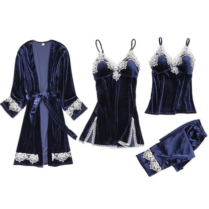 Women's Pajama Set 4Pcs Velvet Sleepwear Robe Gowns Nightwear V-Neck Sexy Pijamas Ladies Home Suit Nightgown Bride Bathrobe Gown