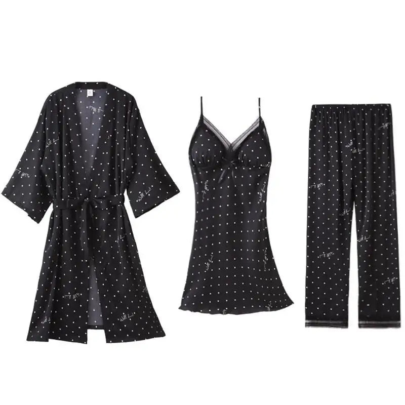 Pajamas Suit Women Sexy Pyjamas Print Polka Dot Sleepwear Loose Nightwear Satin Intimate Lingerie Casual Shirt&Pants Sets