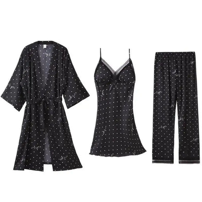 Pajamas Suit Women Sexy Pyjamas Print Polka Dot Sleepwear Loose Nightwear Satin Intimate Lingerie Casual Shirt&Pants Sets