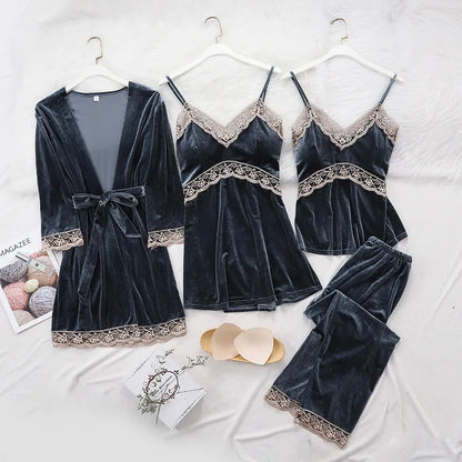 Women's Pajama Set 4Pcs Velvet Sleepwear Robe Gowns Nightwear V-Neck Sexy Pijamas Ladies Home Suit Nightgown Bride Bathrobe Gown