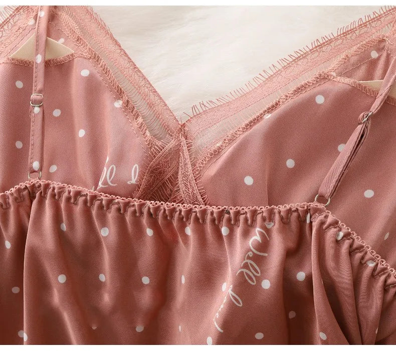 Pajamas Suit Women Sexy Pyjamas Print Polka Dot Sleepwear Loose Nightwear Satin Intimate Lingerie Casual Shirt&Pants Sets