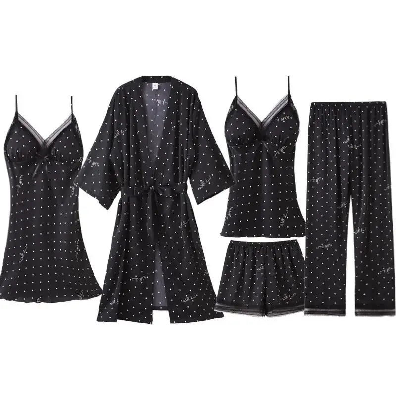 Pajamas Suit Women Sexy Pyjamas Print Polka Dot Sleepwear Loose Nightwear Satin Intimate Lingerie Casual Shirt&Pants Sets