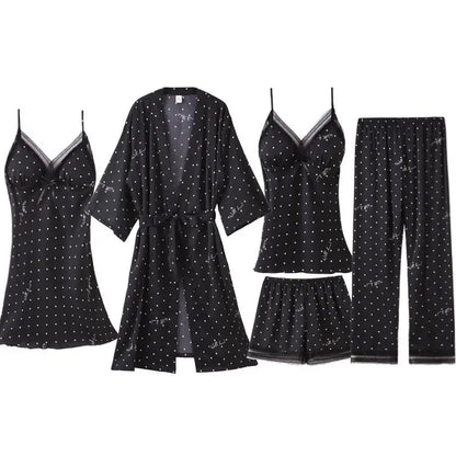 Pajamas Suit Women Sexy Pyjamas Print Polka Dot Sleepwear Loose Nightwear Satin Intimate Lingerie Casual Shirt&Pants Sets