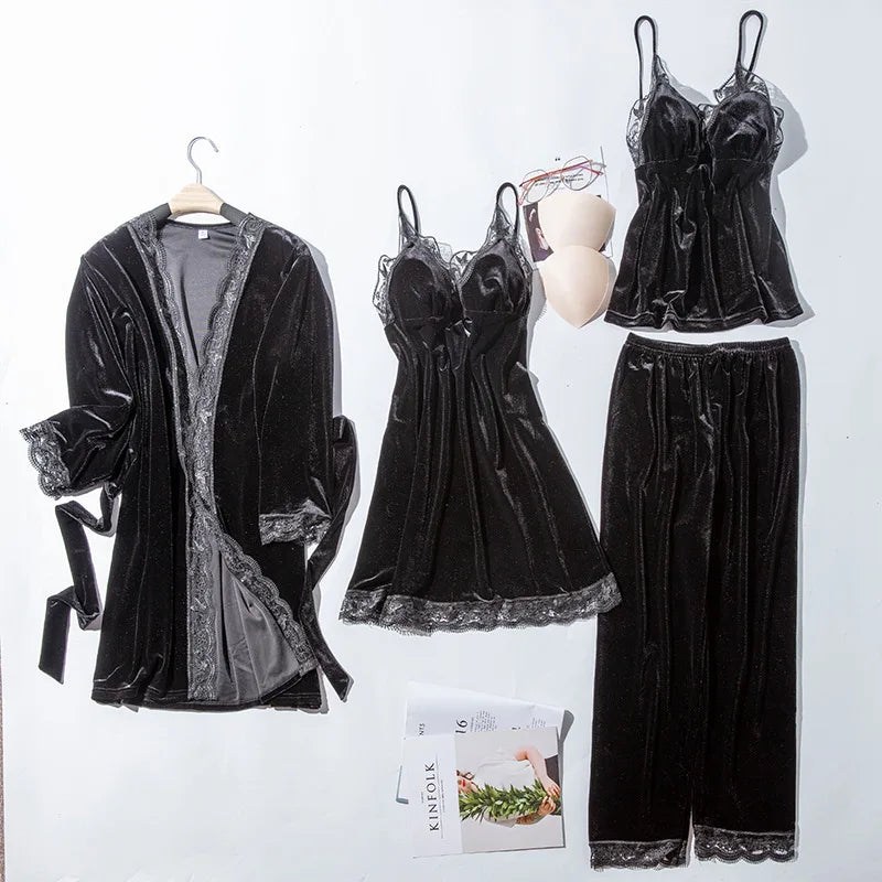 Women's Pajama Set 4Pcs Velvet Sleepwear Robe Gowns Nightwear V-Neck Sexy Pijamas Ladies Home Suit Nightgown Bride Bathrobe Gown