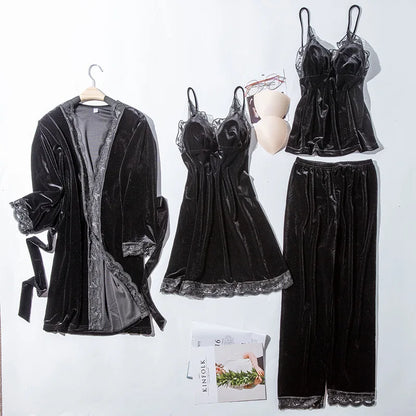 Women's Pajama Set 4Pcs Velvet Sleepwear Robe Gowns Nightwear V-Neck Sexy Pijamas Ladies Home Suit Nightgown Bride Bathrobe Gown