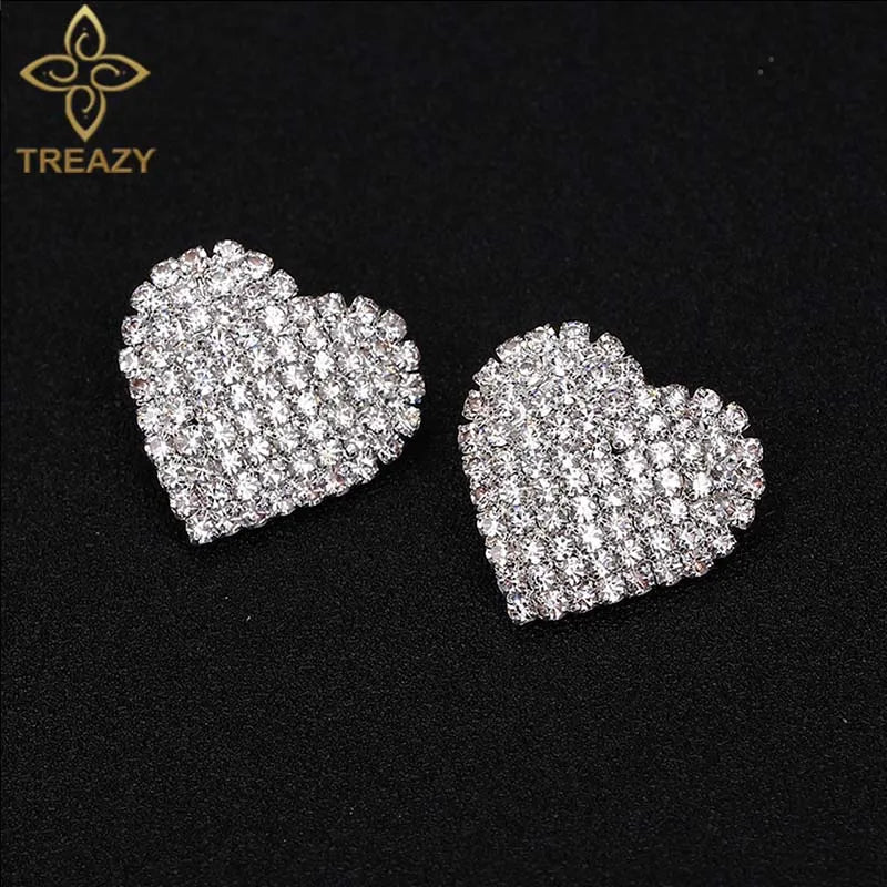 TREAZY Silver Color Rhinestone Sqaure/Round/Heart Stud Earrings For Women Fashion Wedding Prom Jewelry Gifts Femme Brincos