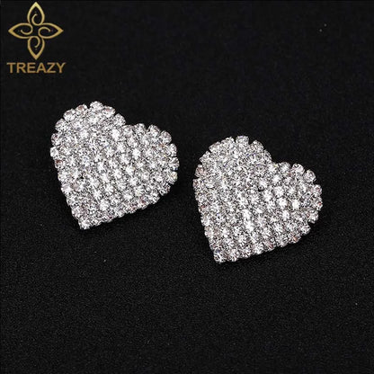 TREAZY Silver Color Rhinestone Sqaure/Round/Heart Stud Earrings For Women Fashion Wedding Prom Jewelry Gifts Femme Brincos