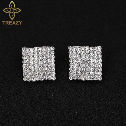 TREAZY Silver Color Rhinestone Sqaure/Round/Heart Stud Earrings For Women Fashion Wedding Prom Jewelry Gifts Femme Brincos
