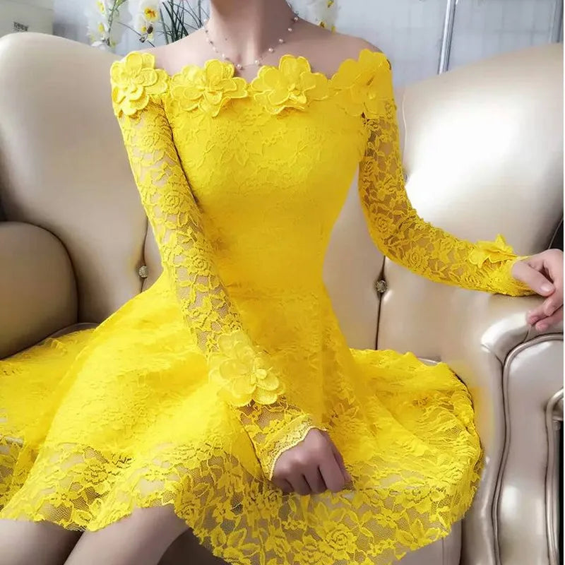 2018 Spring Summer Women Dresses Sexy Slash Neck Floral Lace Dress Female High Waist Long Sleeve A-Line Dress Party Vestidos 821