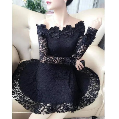 2018 Spring Summer Women Dresses Sexy Slash Neck Floral Lace Dress Female High Waist Long Sleeve A-Line Dress Party Vestidos 821