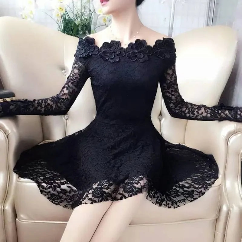 2018 Spring Summer Women Dresses Sexy Slash Neck Floral Lace Dress Female High Waist Long Sleeve A-Line Dress Party Vestidos 821