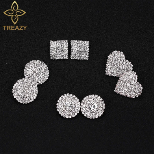 TREAZY Silver Color Rhinestone Sqaure/Round/Heart Stud Earrings For Women Fashion Wedding Prom Jewelry Gifts Femme Brincos