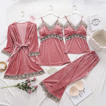Women's Pajama Set 4Pcs Velvet Sleepwear Robe Gowns Nightwear V-Neck Sexy Pijamas Ladies Home Suit Nightgown Bride Bathrobe Gown
