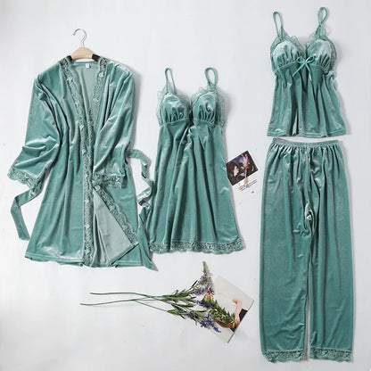 Women's Pajama Set 4Pcs Velvet Sleepwear Robe Gowns Nightwear V-Neck Sexy Pijamas Ladies Home Suit Nightgown Bride Bathrobe Gown