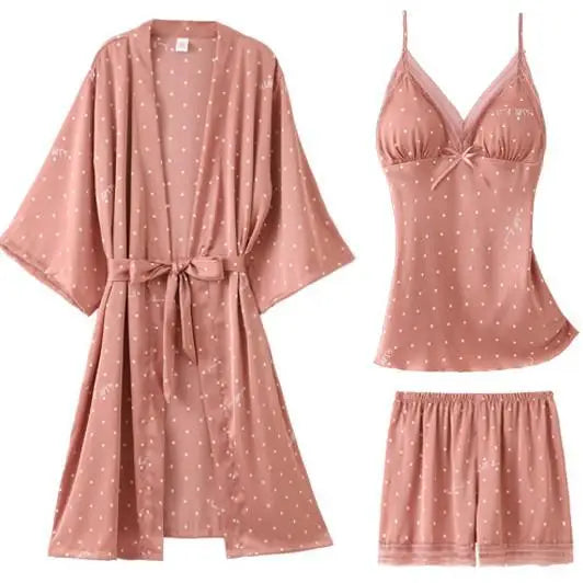 Pajamas Suit Women Sexy Pyjamas Print Polka Dot Sleepwear Loose Nightwear Satin Intimate Lingerie Casual Shirt&Pants Sets