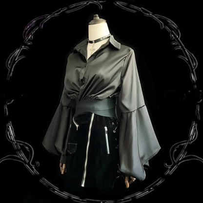 Harajuku Women Shirt Blusas Gothic Black Retro Flare Sleeve Blouse Loose Turn down Collar Long Sleeve Tops Short Shirt Costumes