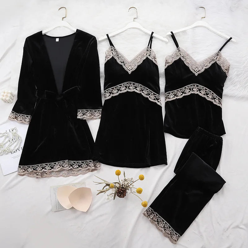 Women's Pajama Set 4Pcs Velvet Sleepwear Robe Gowns Nightwear V-Neck Sexy Pijamas Ladies Home Suit Nightgown Bride Bathrobe Gown
