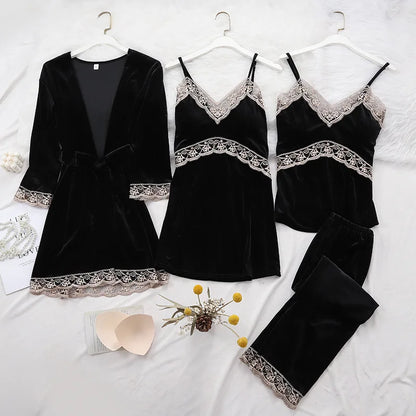 Women's Pajama Set 4Pcs Velvet Sleepwear Robe Gowns Nightwear V-Neck Sexy Pijamas Ladies Home Suit Nightgown Bride Bathrobe Gown