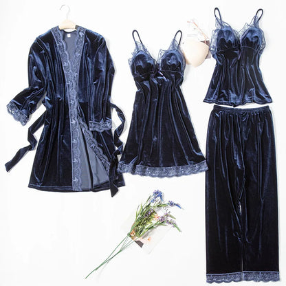 Women's Pajama Set 4Pcs Velvet Sleepwear Robe Gowns Nightwear V-Neck Sexy Pijamas Ladies Home Suit Nightgown Bride Bathrobe Gown