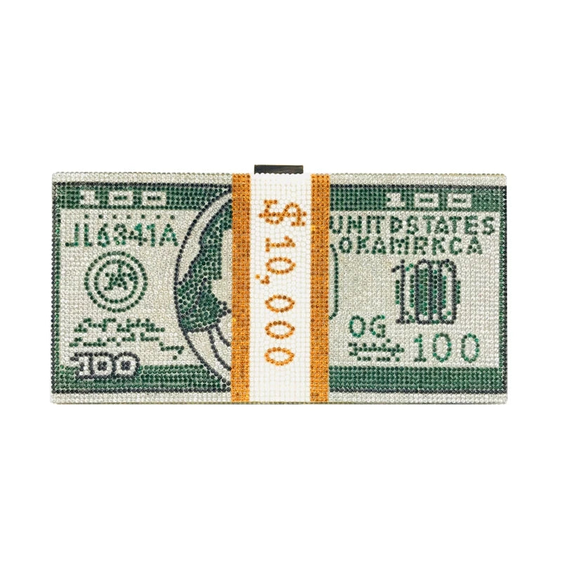 Luxury Money Clutch Rhinestone Purse 10000 Dollars Stack of Cash Evening Handbags Shoulder Wedding Dinner Bag 8 Color Wallet