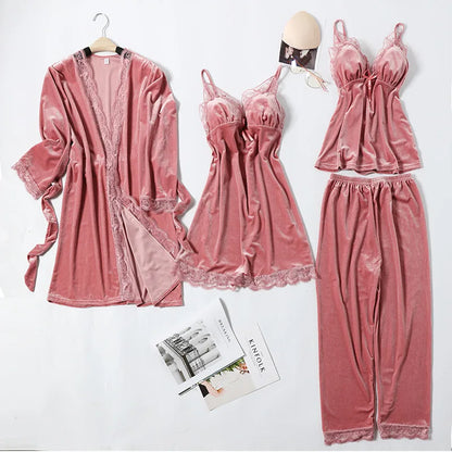 Women's Pajama Set 4Pcs Velvet Sleepwear Robe Gowns Nightwear V-Neck Sexy Pijamas Ladies Home Suit Nightgown Bride Bathrobe Gown