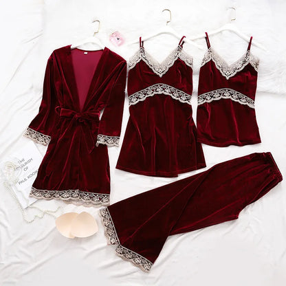 Women's Pajama Set 4Pcs Velvet Sleepwear Robe Gowns Nightwear V-Neck Sexy Pijamas Ladies Home Suit Nightgown Bride Bathrobe Gown