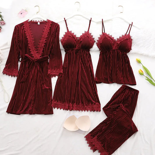 Women's Pajama Set 4Pcs Velvet Sleepwear Robe Gowns Nightwear V-Neck Sexy Pijamas Ladies Home Suit Nightgown Bride Bathrobe Gown