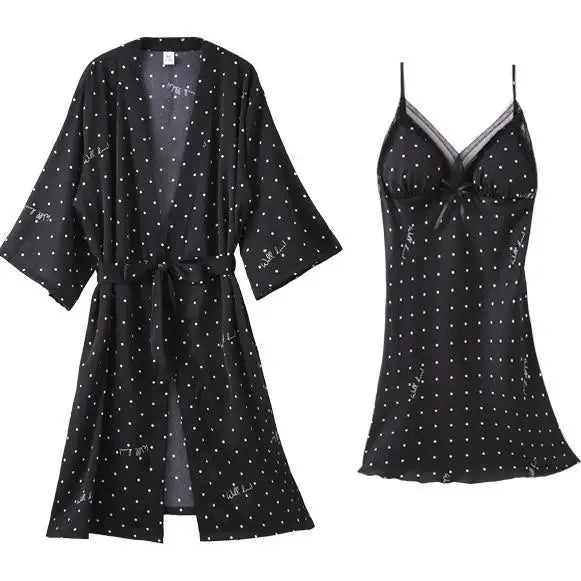 Pajamas Suit Women Sexy Pyjamas Print Polka Dot Sleepwear Loose Nightwear Satin Intimate Lingerie Casual Shirt&Pants Sets