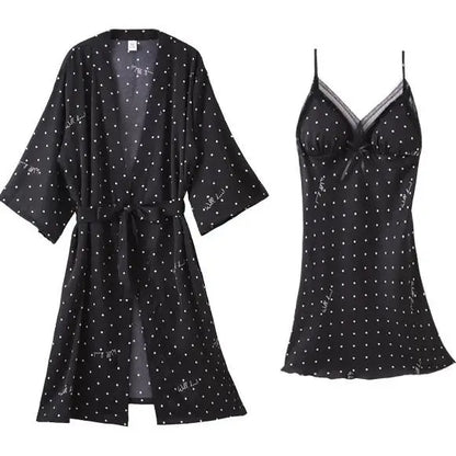 Pajamas Suit Women Sexy Pyjamas Print Polka Dot Sleepwear Loose Nightwear Satin Intimate Lingerie Casual Shirt&Pants Sets
