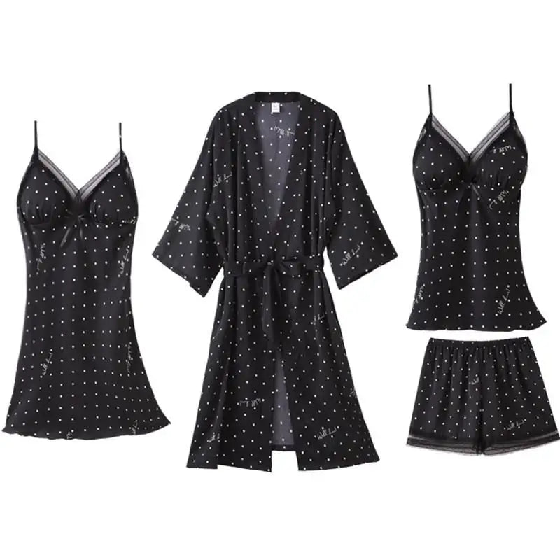 Pajamas Suit Women Sexy Pyjamas Print Polka Dot Sleepwear Loose Nightwear Satin Intimate Lingerie Casual Shirt&Pants Sets