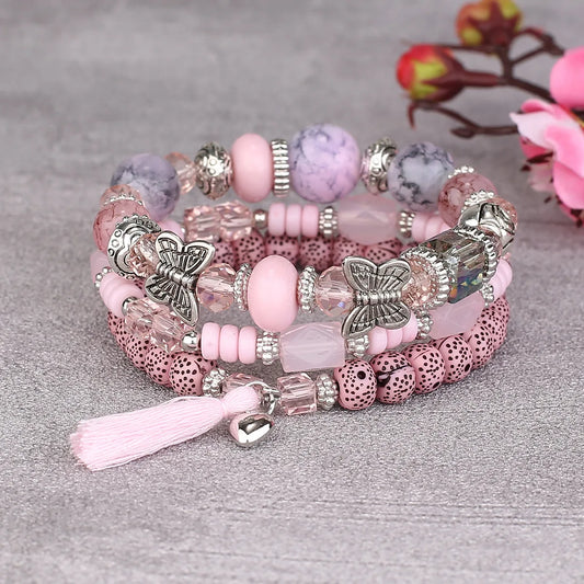 3pcs Boho Bohemian Pink Butterfly Pendant Charm Beads Bracelets Set For Women Stone Wristband Bracelet Bangles Pulseras Feminina