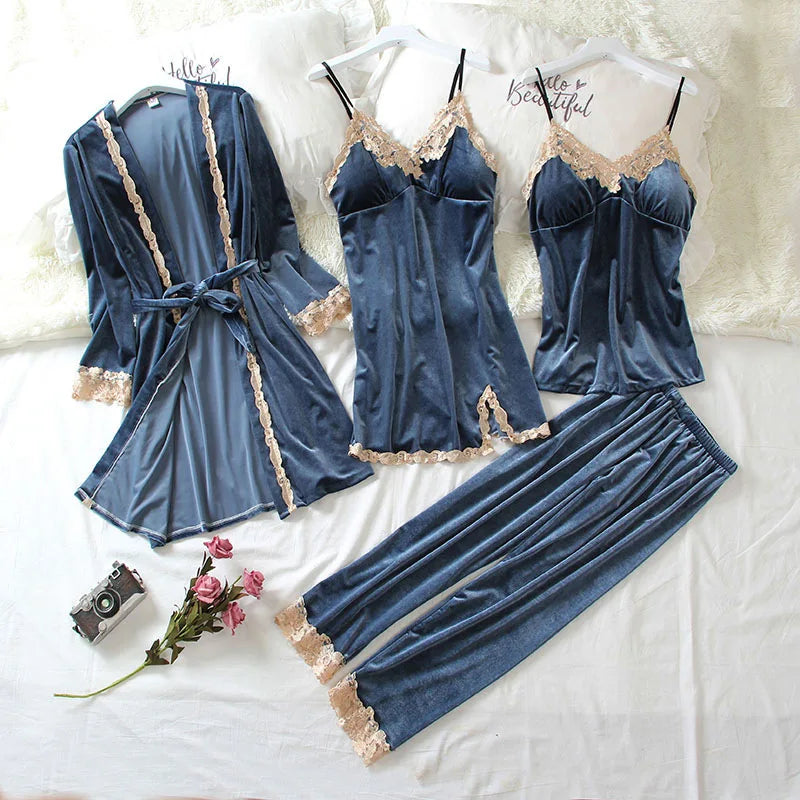 Women's Pajama Set 4Pcs Velvet Sleepwear Robe Gowns Nightwear V-Neck Sexy Pijamas Ladies Home Suit Nightgown Bride Bathrobe Gown