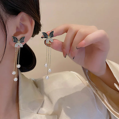 1Pair Korean Style Long Imitation Pearl Tassel Dangle Earrings For Women Trendy Full Crystal Fringe Drop Earring Vintage Jewelry