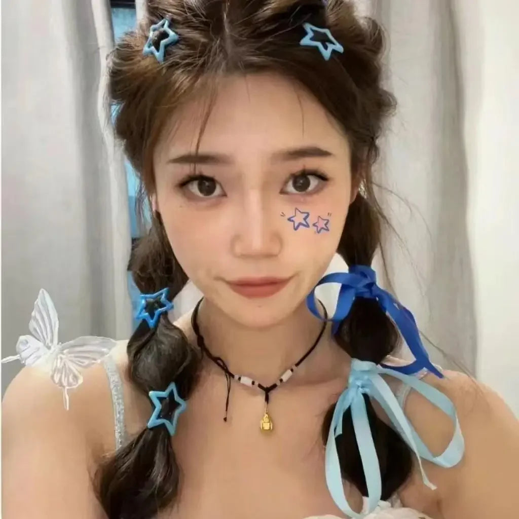 6pcs/Set Colorful Star Shaped Snap Hair Clips Y2k Metal Duck Bill Barrettes With Bowknot Tassel Women Girls Hair Accessories