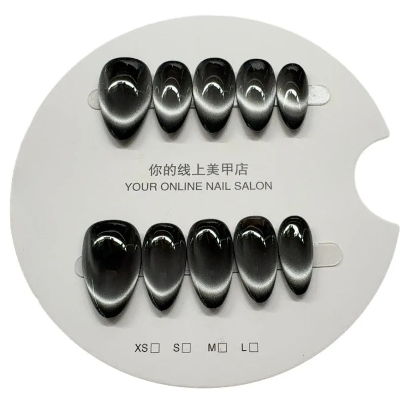 10pcs Black Full Cover Nail Tips Almond Handmade False Nails Art Wearable Solid Color Cat's Eye Press on Nail for Women&Girls