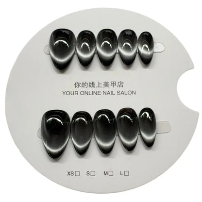 10pcs Black Full Cover Nail Tips Almond Handmade False Nails Art Wearable Solid Color Cat's Eye Press on Nail for Women&Girls
