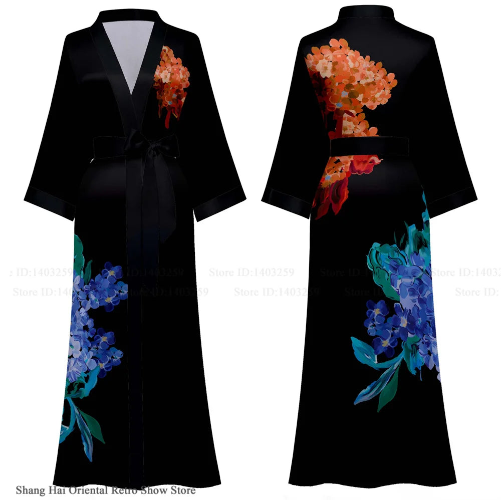 Elegant Print Flower Women Long Robe Loungewear Silky Satin Kimono Bathrobe Gown Spring Autumn New Sleepwear Home Dress Negligee