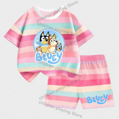 Blueyi Series Child Stripes Sets Summer Girls Boys T-Shirt Shorts Suits Cartoon Bingo Casual Sport Clothes Kids Sleepwear Gifts