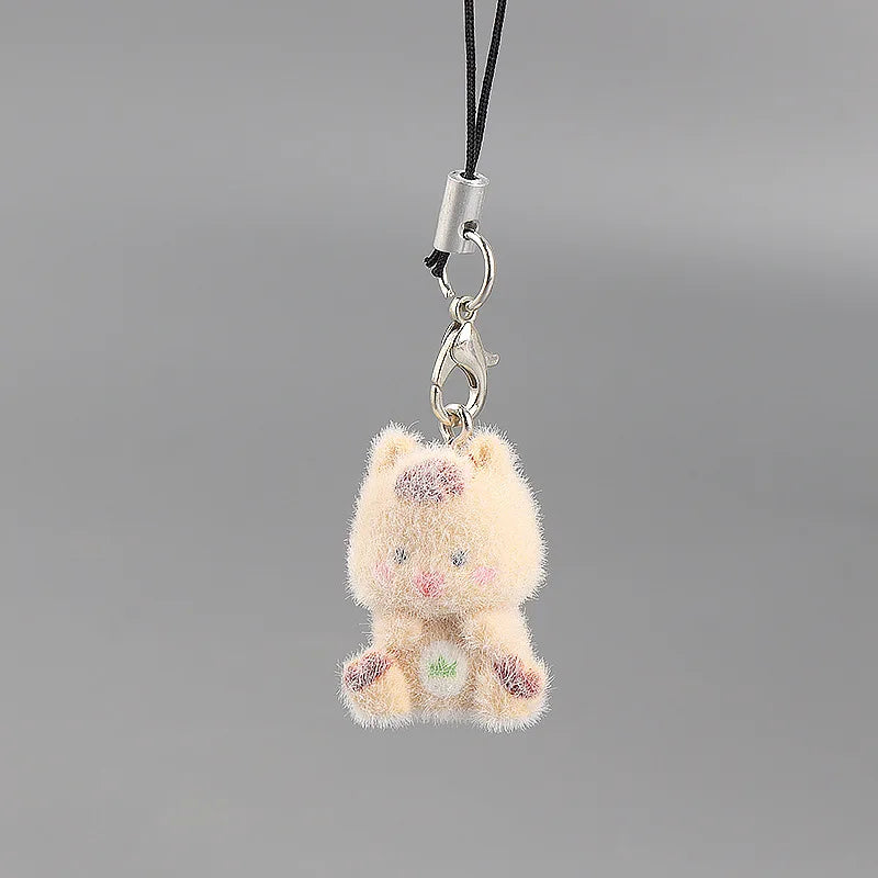 Cute Plush 3D Cat Keychain Creative Flocking Animal Pendant Bag Phone Lanyard Hanging Keycord Charm Keychain DIY Accessories
