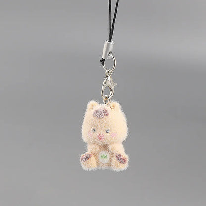 Cute Plush 3D Cat Keychain Creative Flocking Animal Pendant Bag Phone Lanyard Hanging Keycord Charm Keychain DIY Accessories