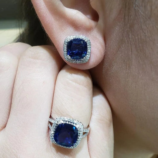 European and American Jewelry Set, Fashionable Square Sapphire Blue Zircon Series, Luxurious and Elegant Jewelry Accessories