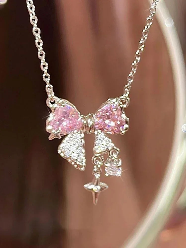 Fashion Fairy Pink Crystal Bow Knot Pendant Necklaces Y2K Girls Sweet Rhinestone Heart Clavicle Chain Women Jewelry Gifts